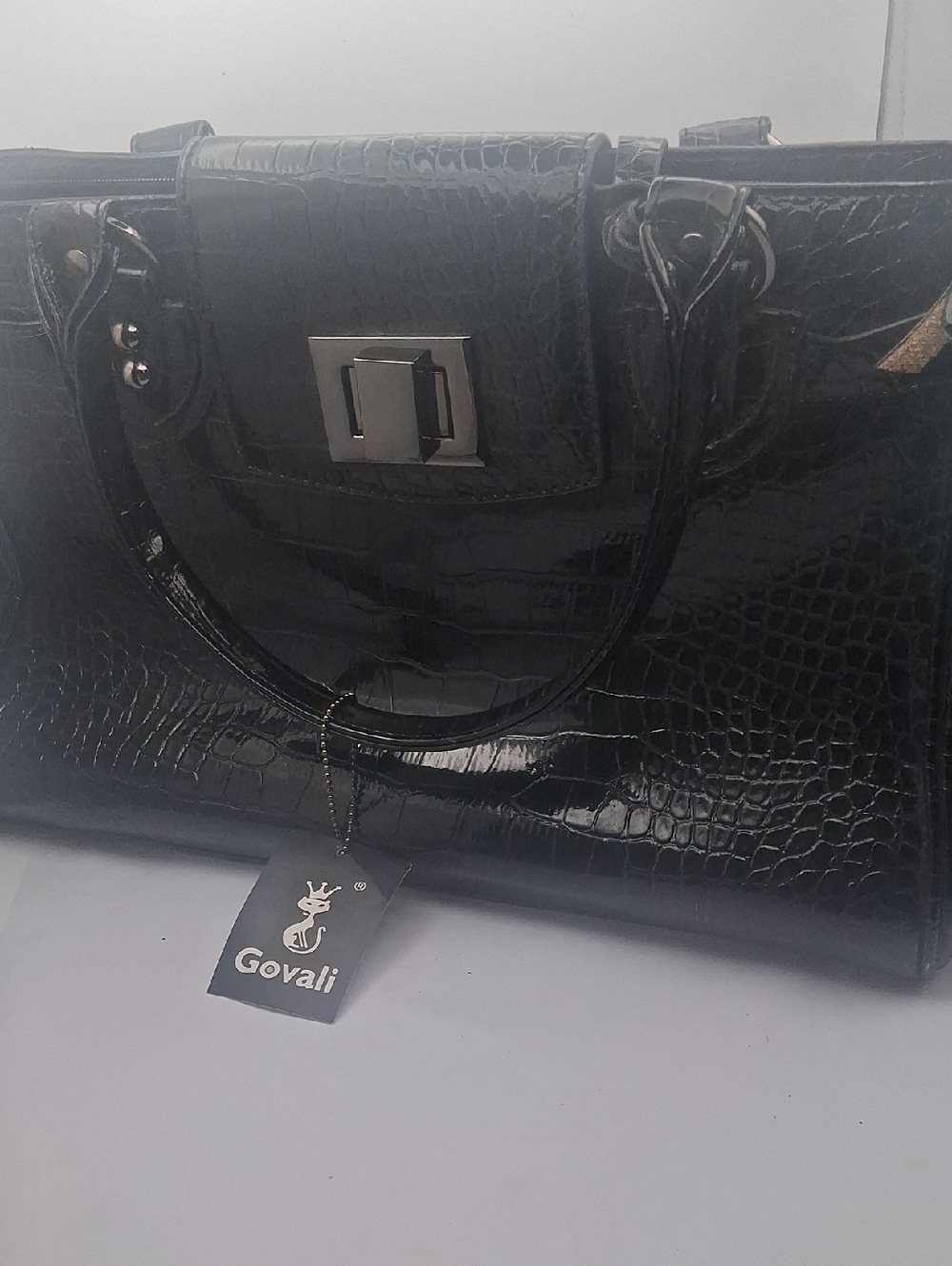 Black Croc-Embossed Patent Tote